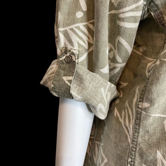 CHICO'S SIZE 3 US XL Linen Casual Jacket Gray/Khaki/ Print‎ Snap Front Shirt - Picture 4 of 6
